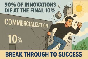 Man breaking through a wall labeled commercialization