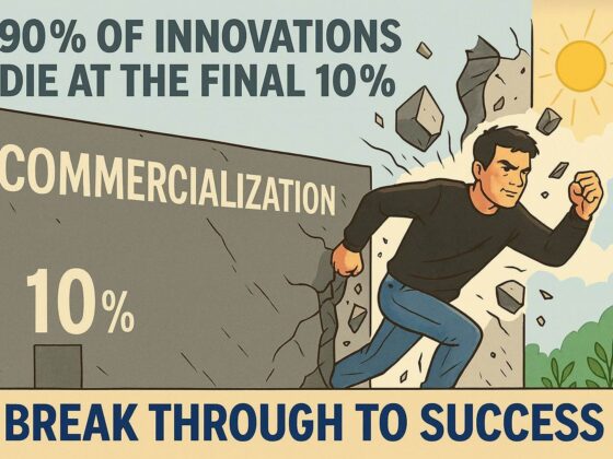 Man breaking through a wall labeled commercialization