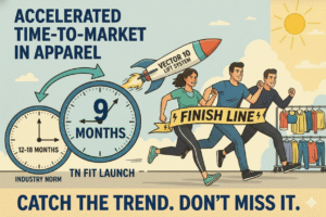 graphic showing how vector 10 team accelerated time to market to just 9 months - symbolized by runners going across finish line.